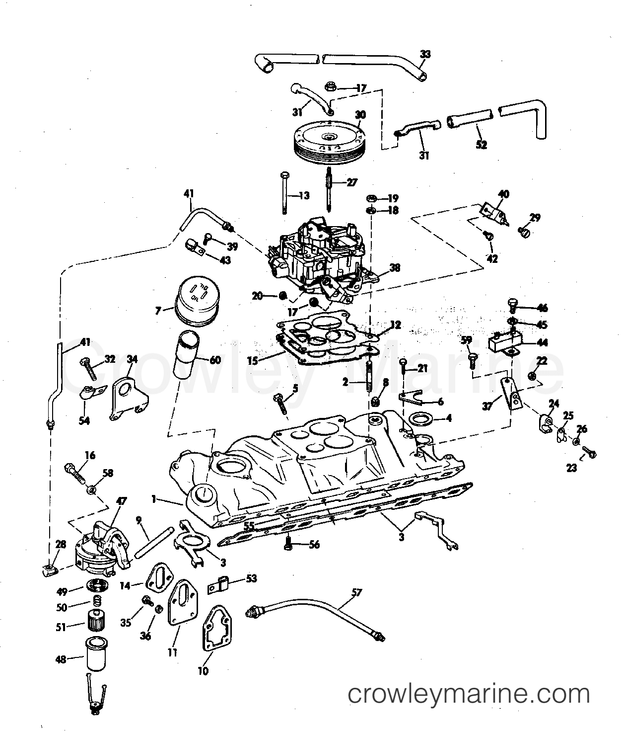 1970 OMC Stern Drive 210 - TUFM-19E INTAKE MANIFOLD, FUEL PUMP, AND CARBURETOR LINES 210 HP section