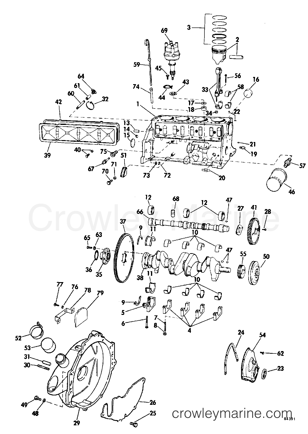 1978 OMC Stern Drive 120 - 990242D CRANKCASE GROUP 140 HP section