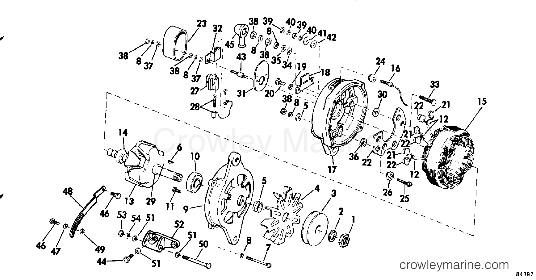 1978 OMC Stern Drive 120 - 990242D ALTERNATOR AND BRACKET GROUP PRESTOLITE MODEL ALK-6222Y section
