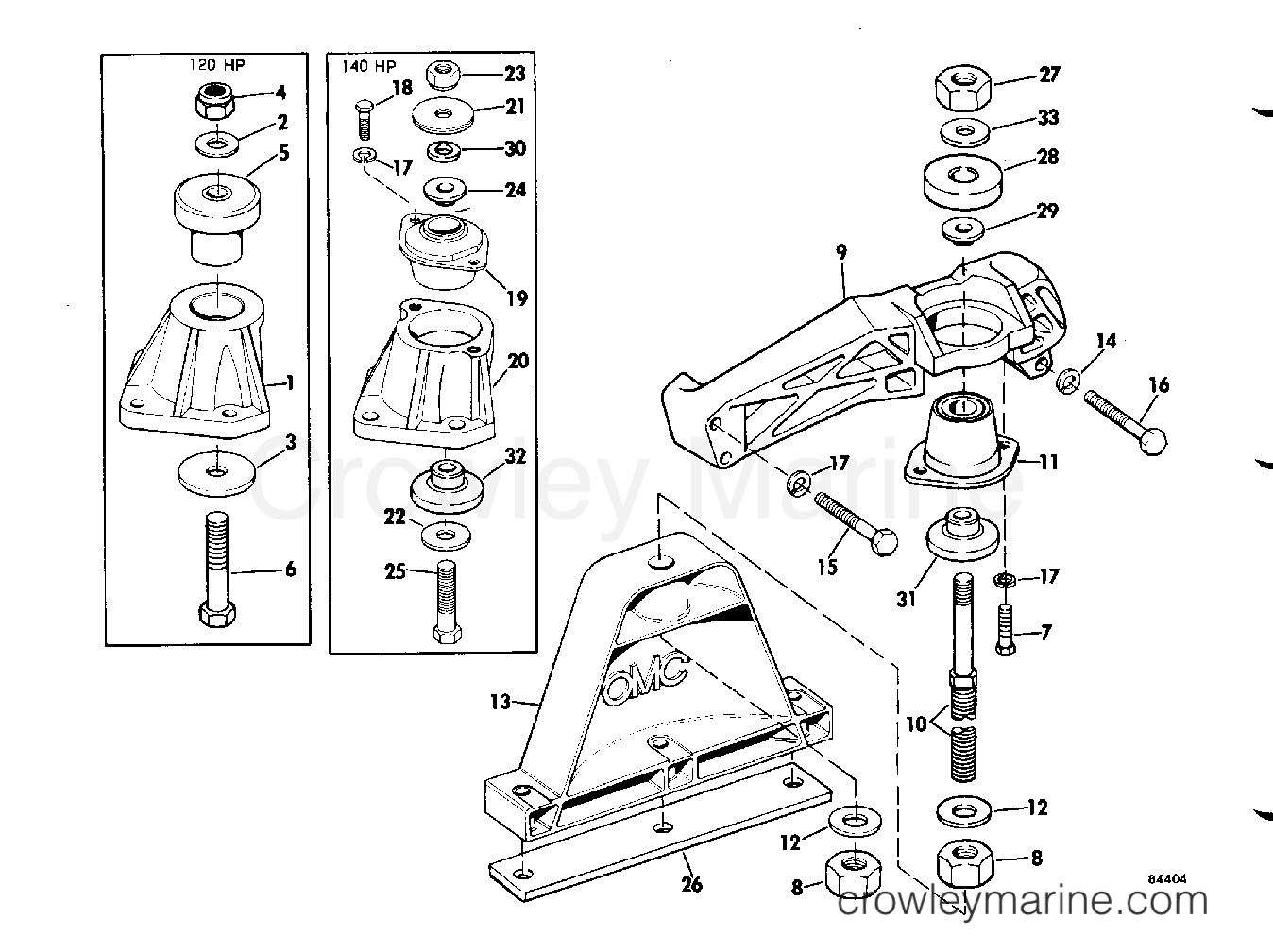 1978 OMC Stern Drive 120 - 990242D ENGINE MOUNT GROUP WITH PRE-SET TRIM section