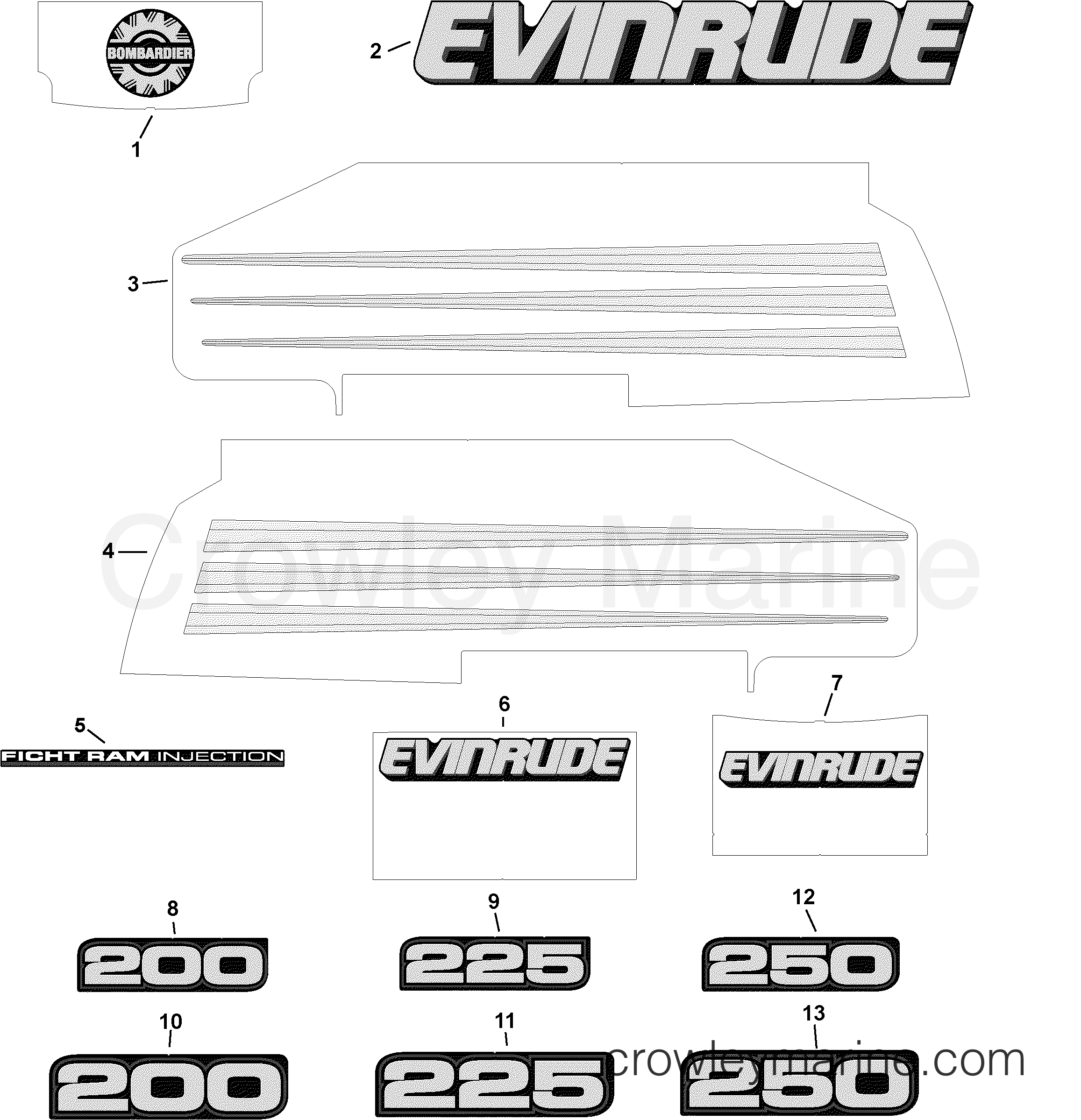 2003 Outboard 250 - E250FPLSTR - DECALS  - BLUE MODELS