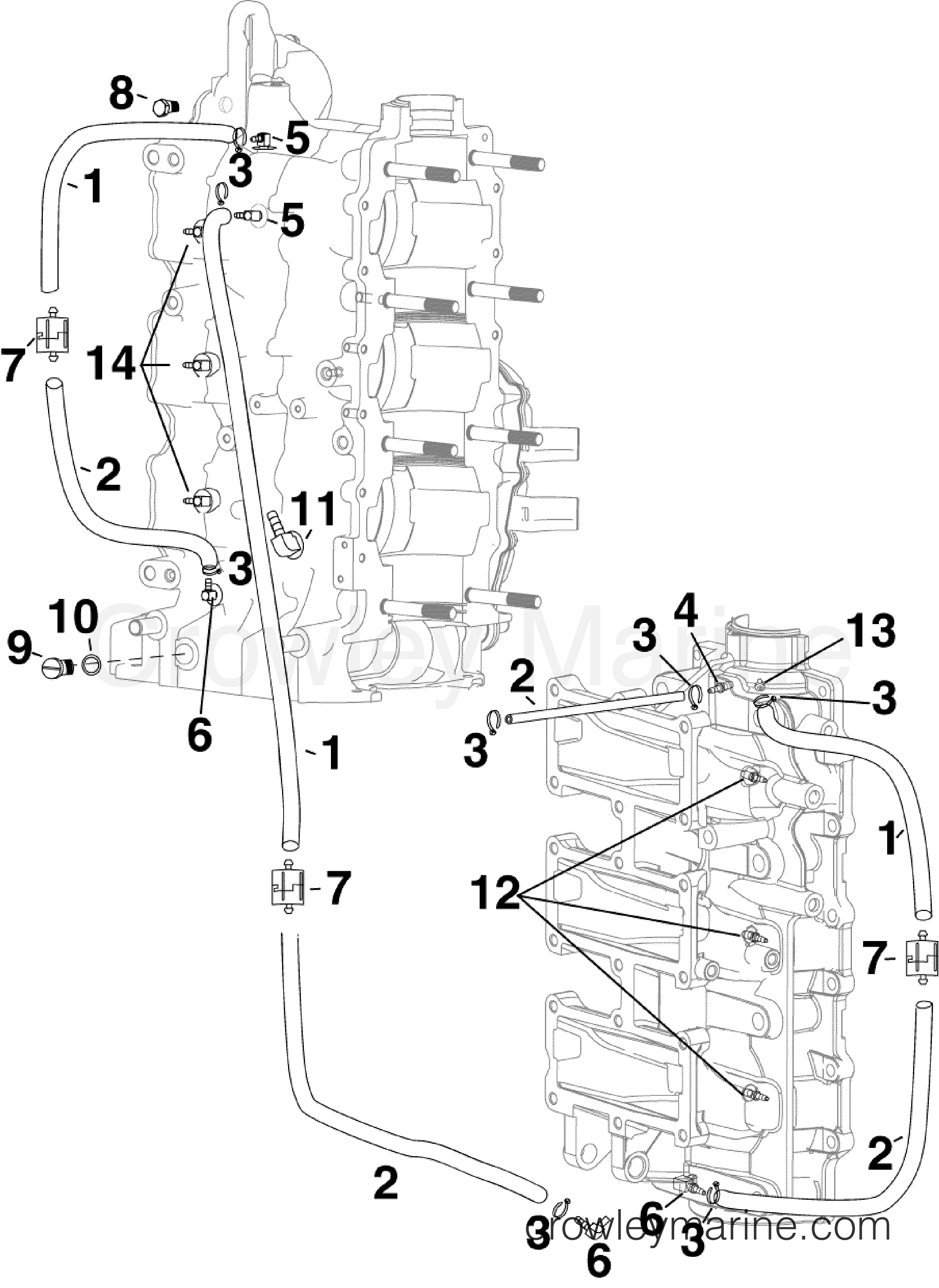 2009 Evinrude Outboards 75 - E75DPLSEE CYLINDER/CRANKCASE FITTINGS & OIL RECIRCULATION HOSES section