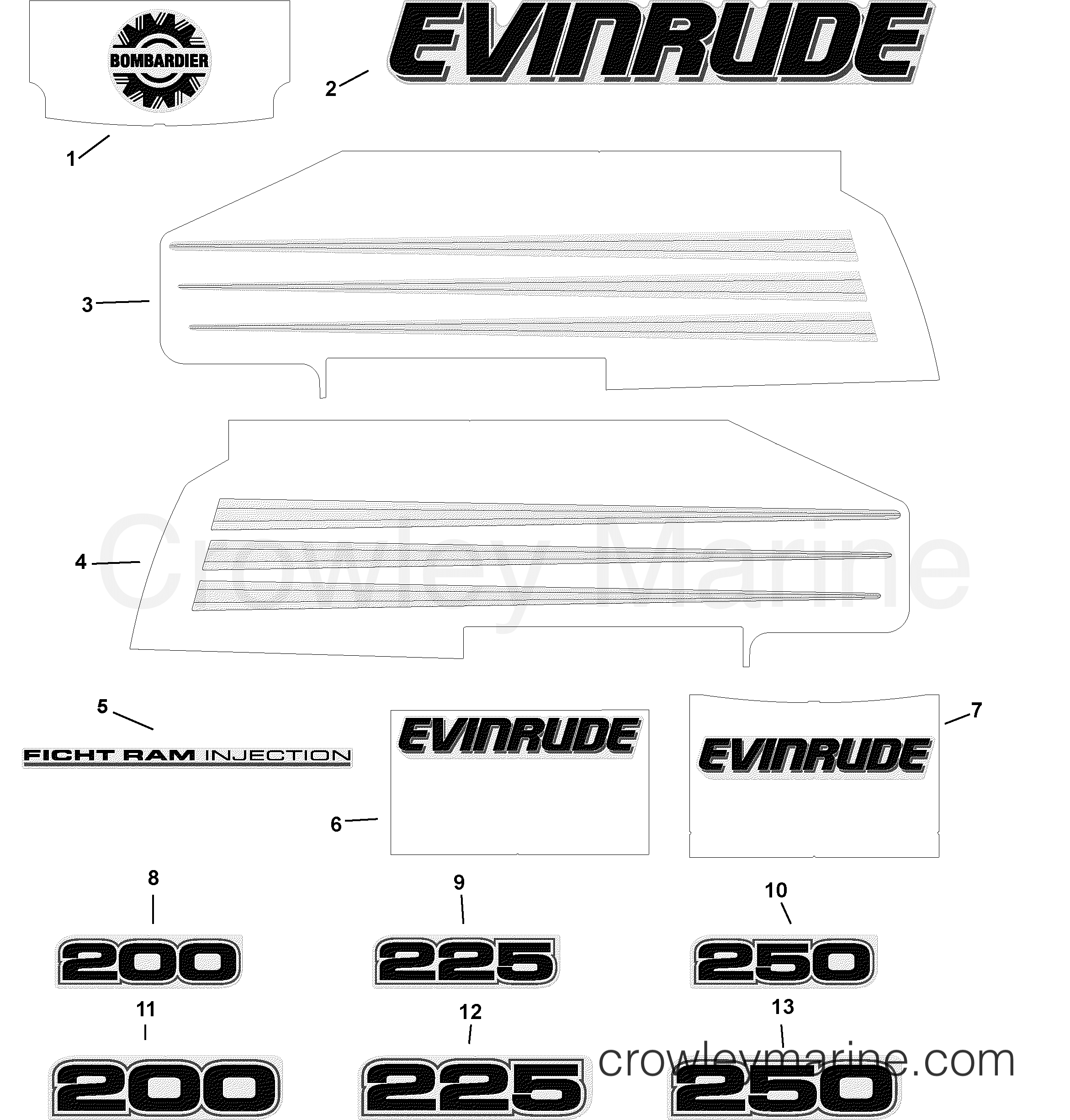 2003 Outboard 250 - E250FPLSTR - DECALS  - WHITE MODELS