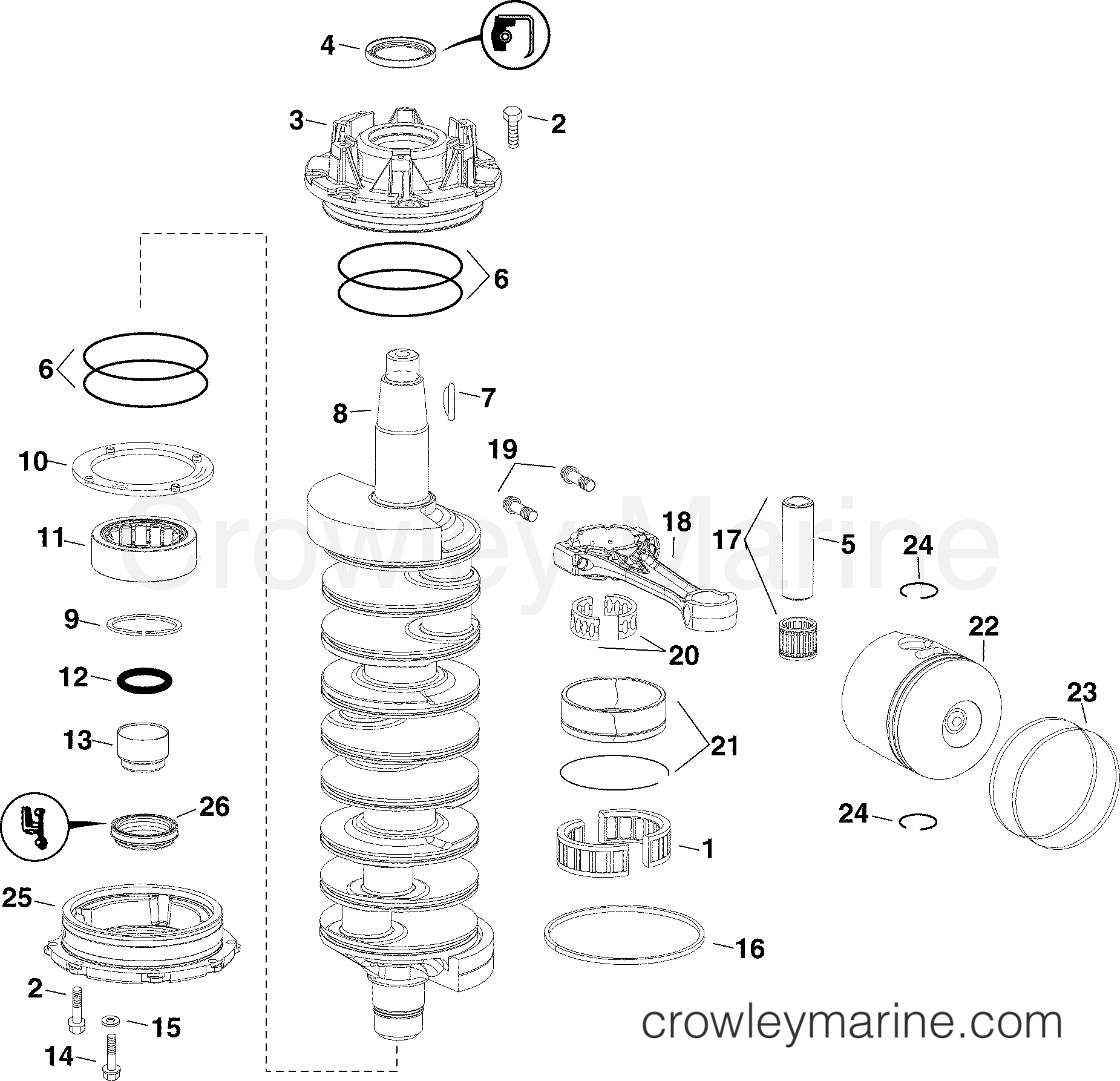 2005 Outboard 225 - E225DHLSOF - CRANKSHAFT & PISTONS