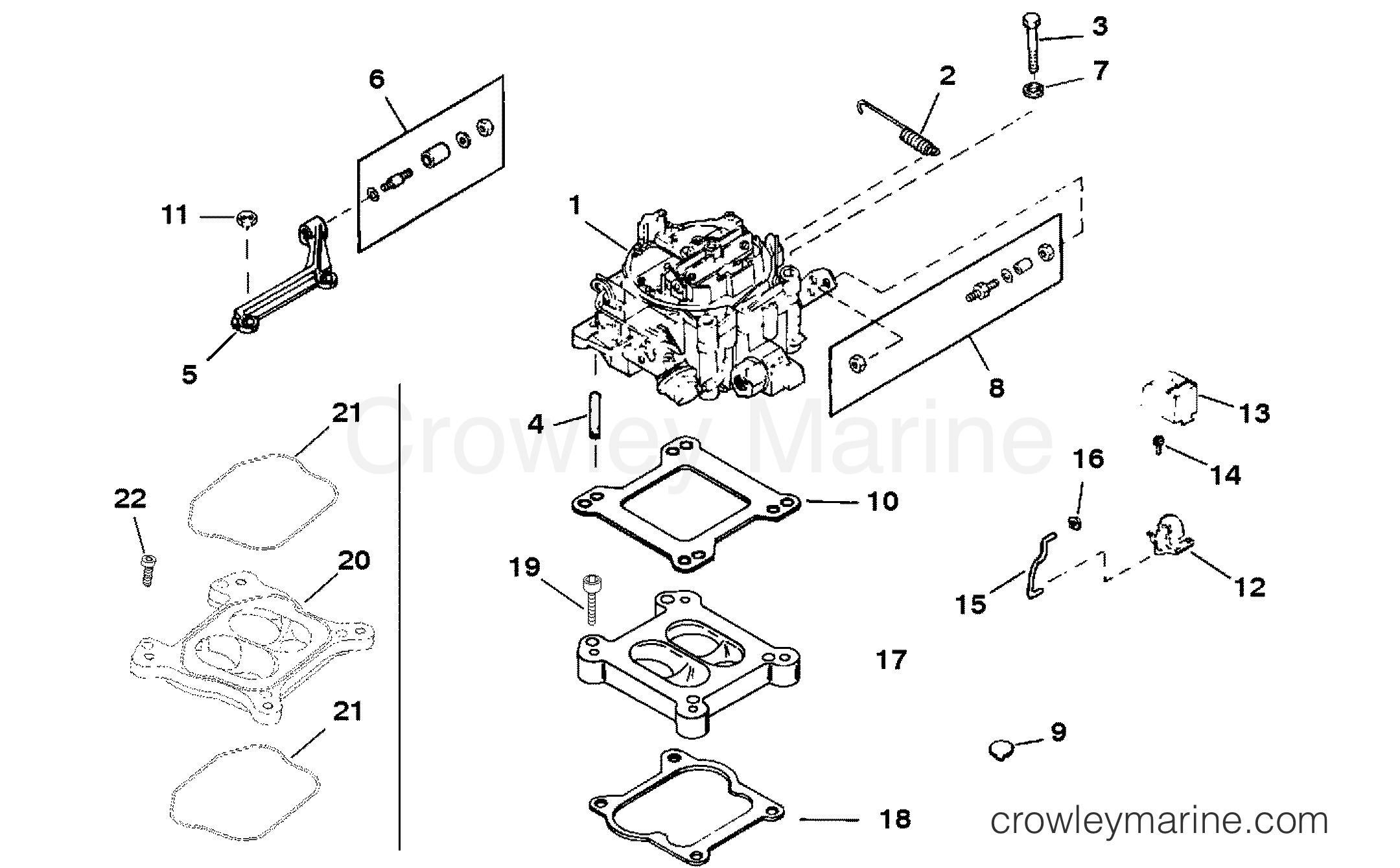 1993 Mercury Inboard Engine 5.7L - 3572234FS - CARBURETOR AND LINKAGE (SPACER MOUNTED) section