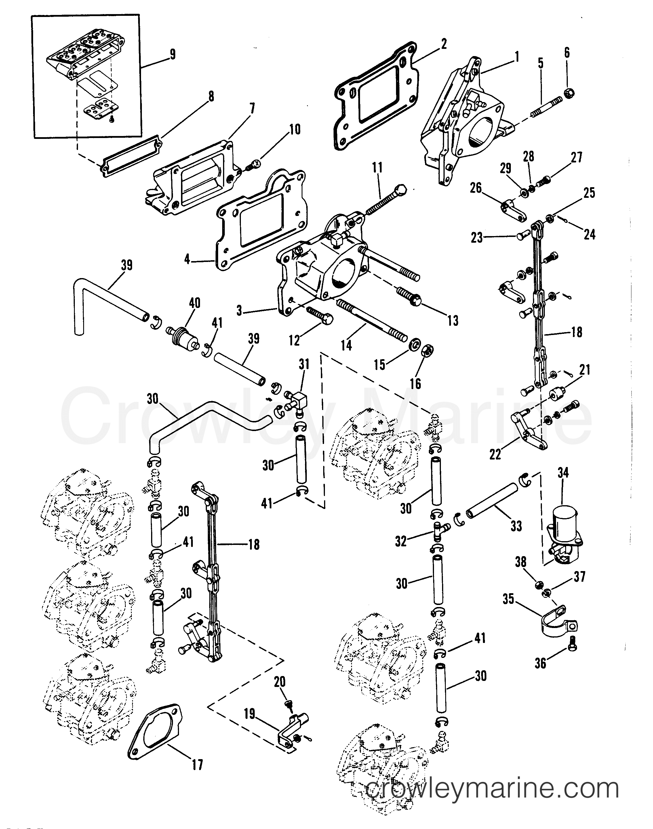 CARBURETOR PLATE AND REED BLOCK (SERIAL D000750 AND ABOVE) 1989