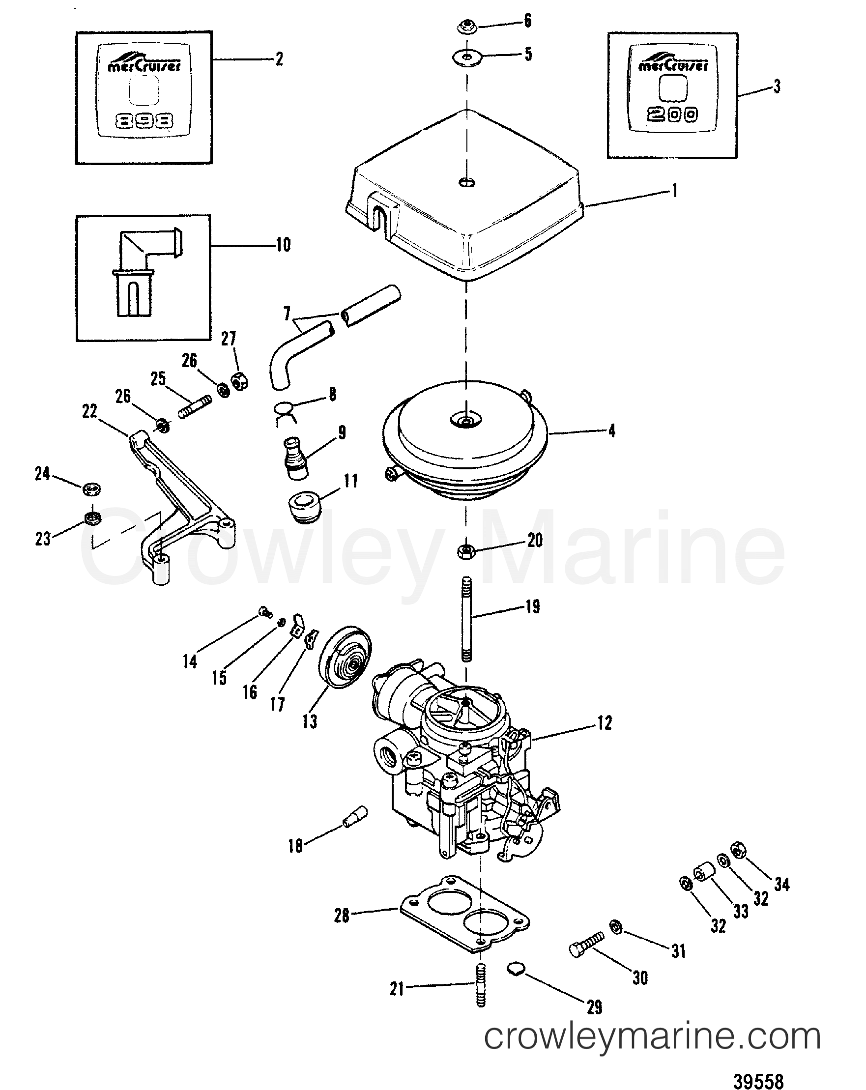 CARBURETOR AND THROTTLE LINKAGE(898-200) - 1985 Stern Drive 200