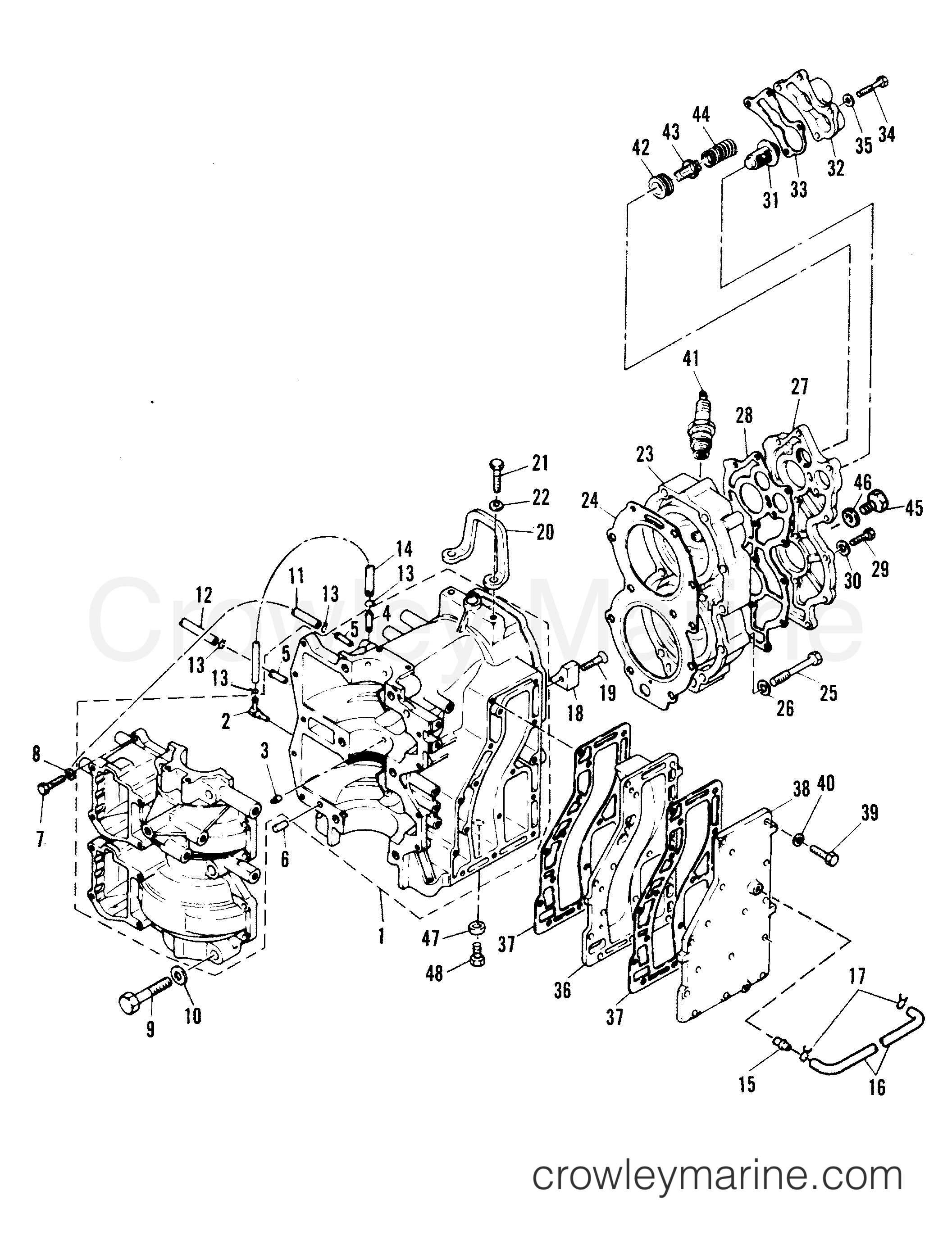 Serial Range Outboard 40B (CDI IGNITION/THRU PROP. EXHAUST) - 676-B102786 AND UP      (E) - CRANKCASE AND CYLINDER HEAD
