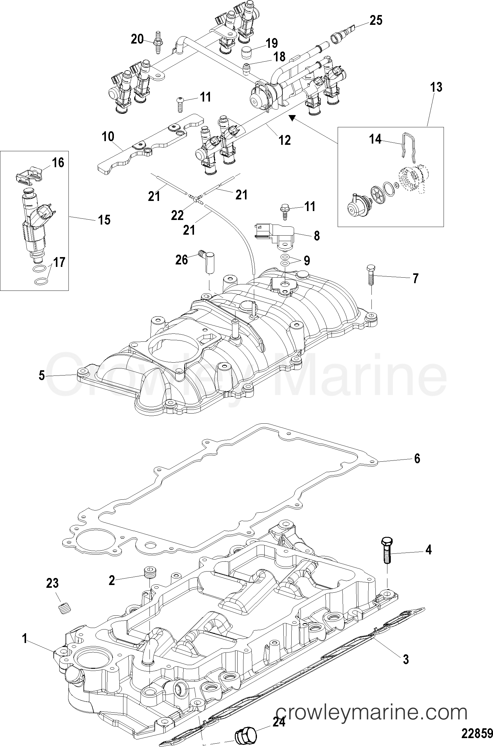 INTAKE MANIFOLD AND FUEL RAIL 1998 Inboard Engine 350 MAG DTS HORIZ 