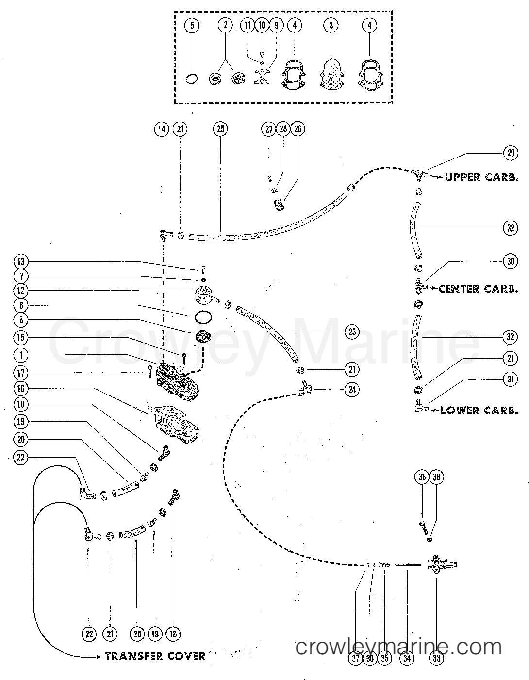 FUEL PUMP AND FUEL LINE ASSEMBLY (SERIAL GROUP 2) 1975 Outboard 150 1150505 Crowley Marine