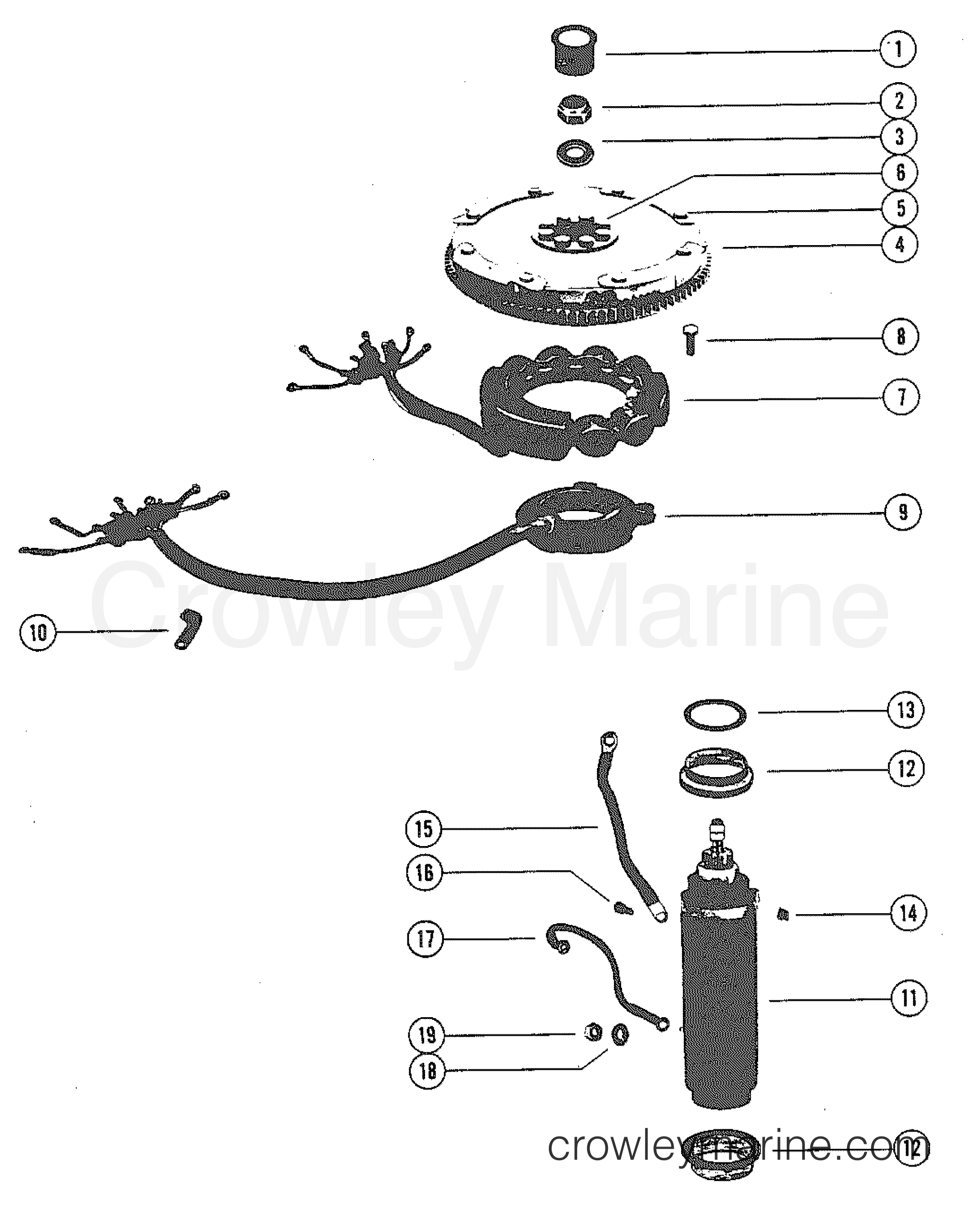 FLYWHEEL, STARTER MOTOR AND STATOR 1980 Outboard 115 [ELPT] 1115620
