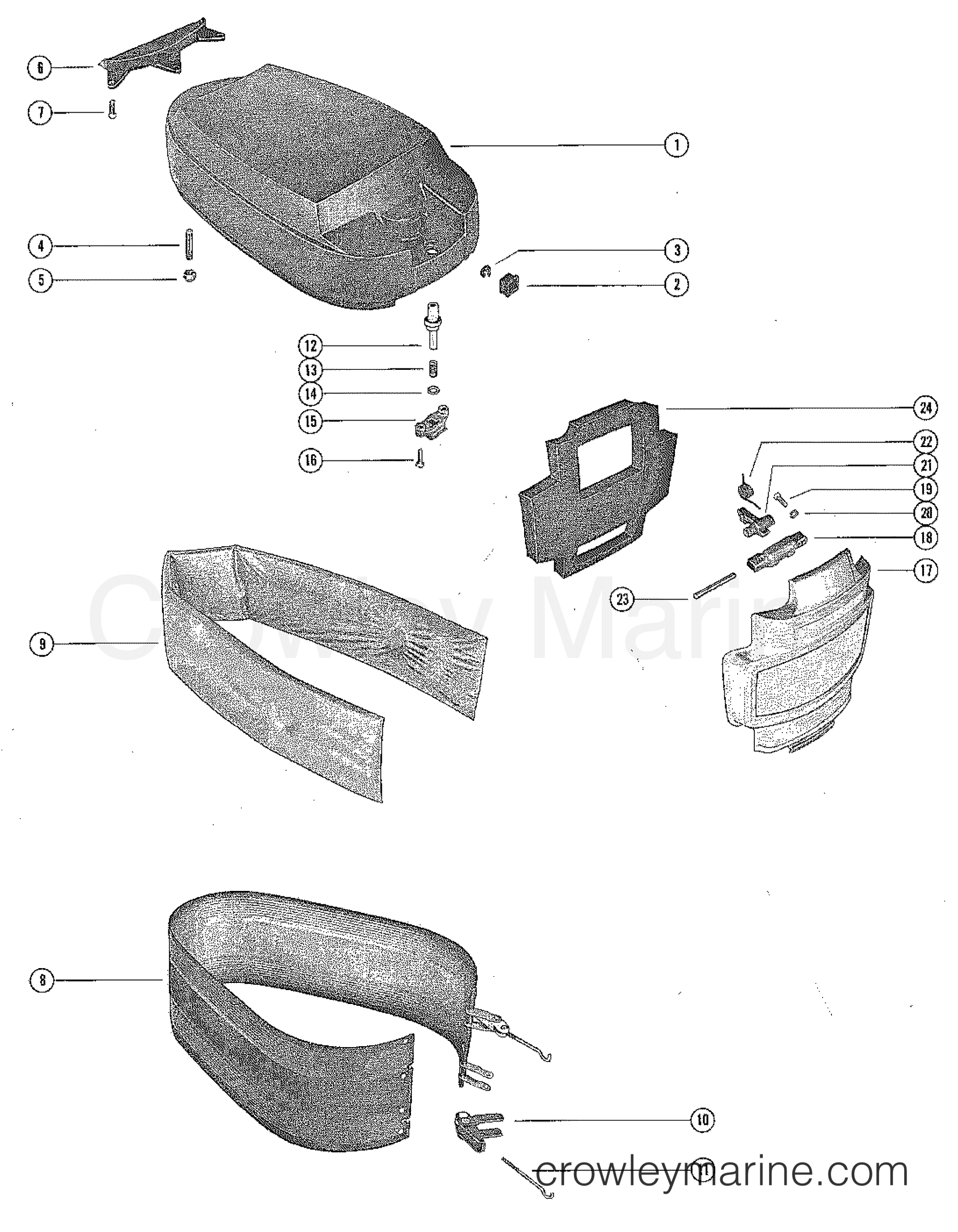 TOP COWL, WRAP AROUND COWL AND FRONT COVER 1975 Outboard 20 1200205