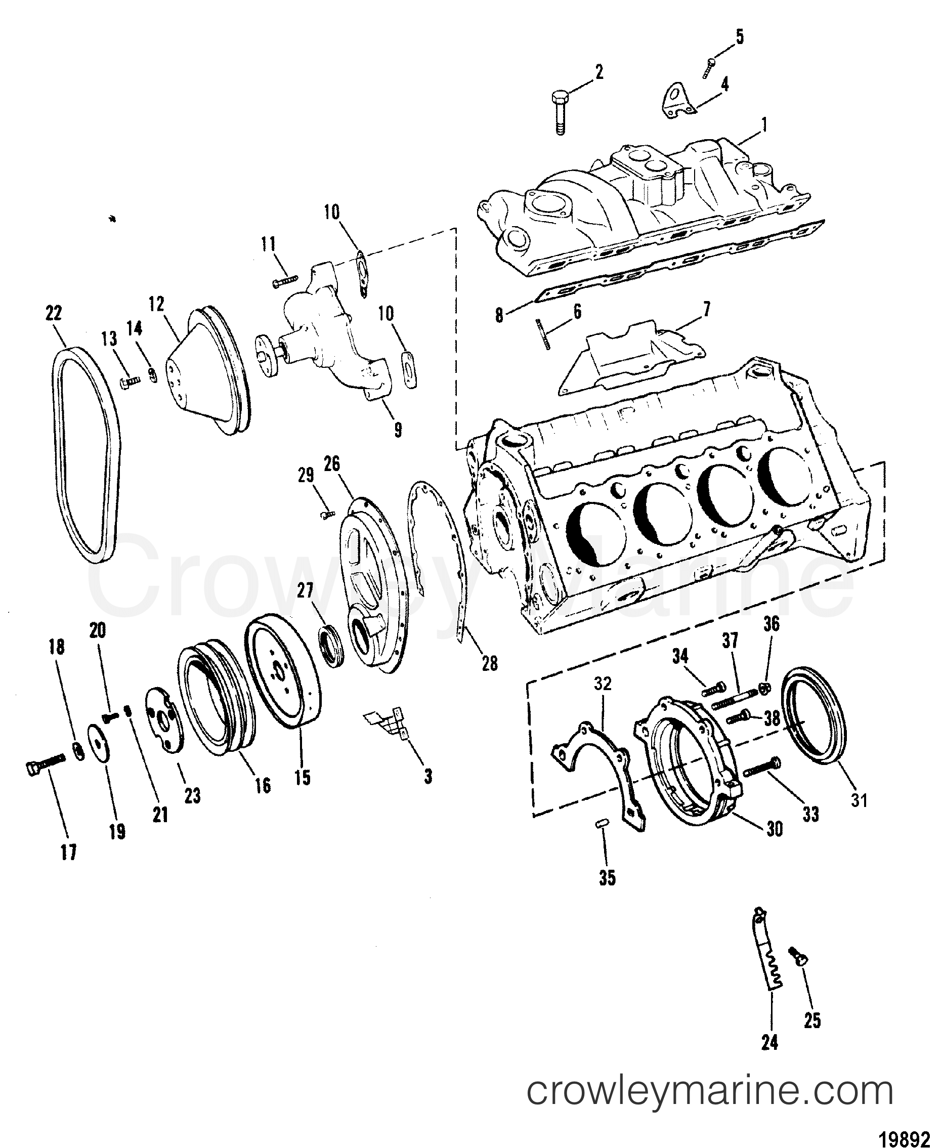 INTAKE MANIFOLD AND FRONT COVER(DESIGN I) 1989 Mercury Inboard Engine