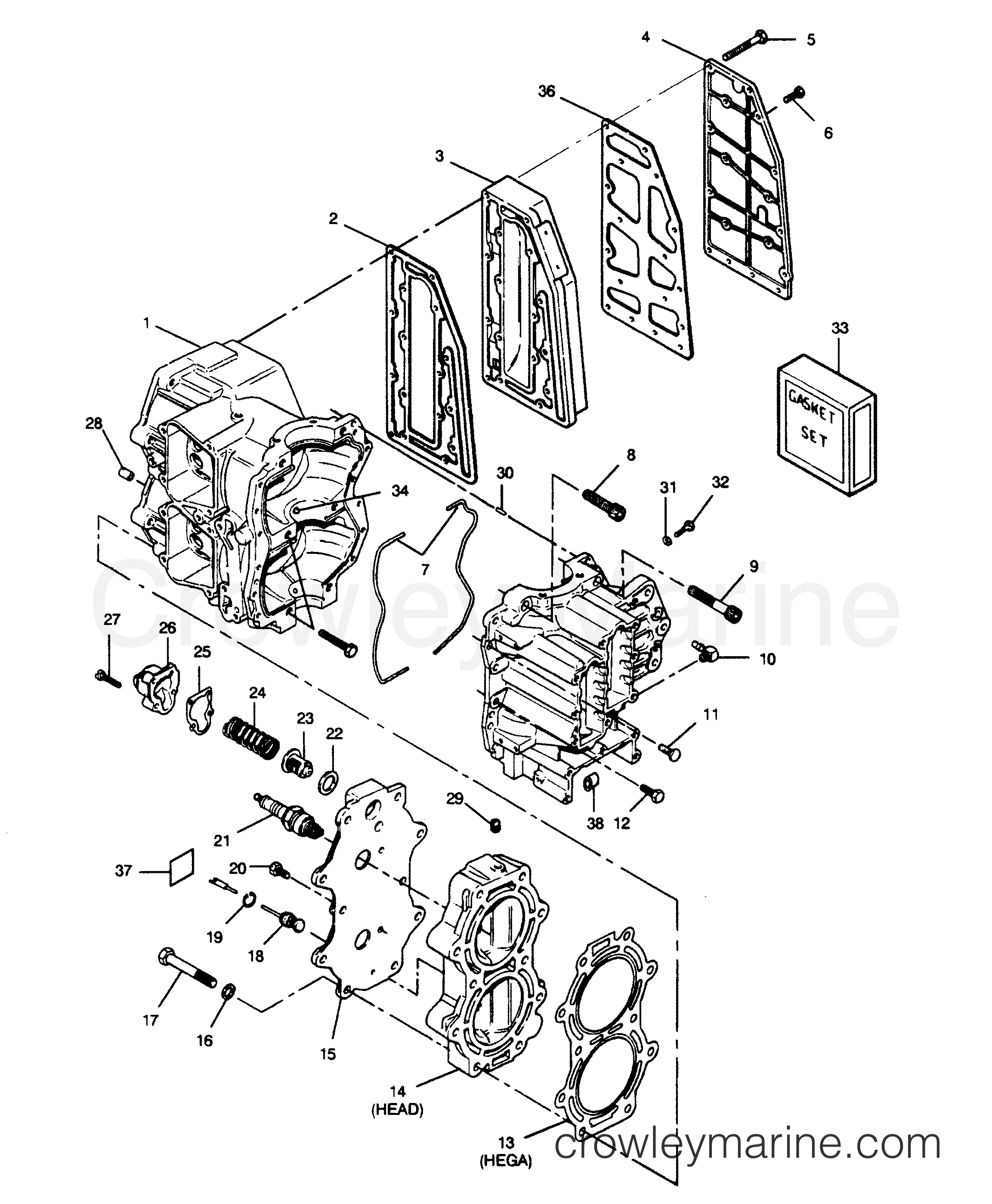 CYLINDER BLOCK, HEAD AND EXHAUST CHEST COVER 1990 Outboard 50