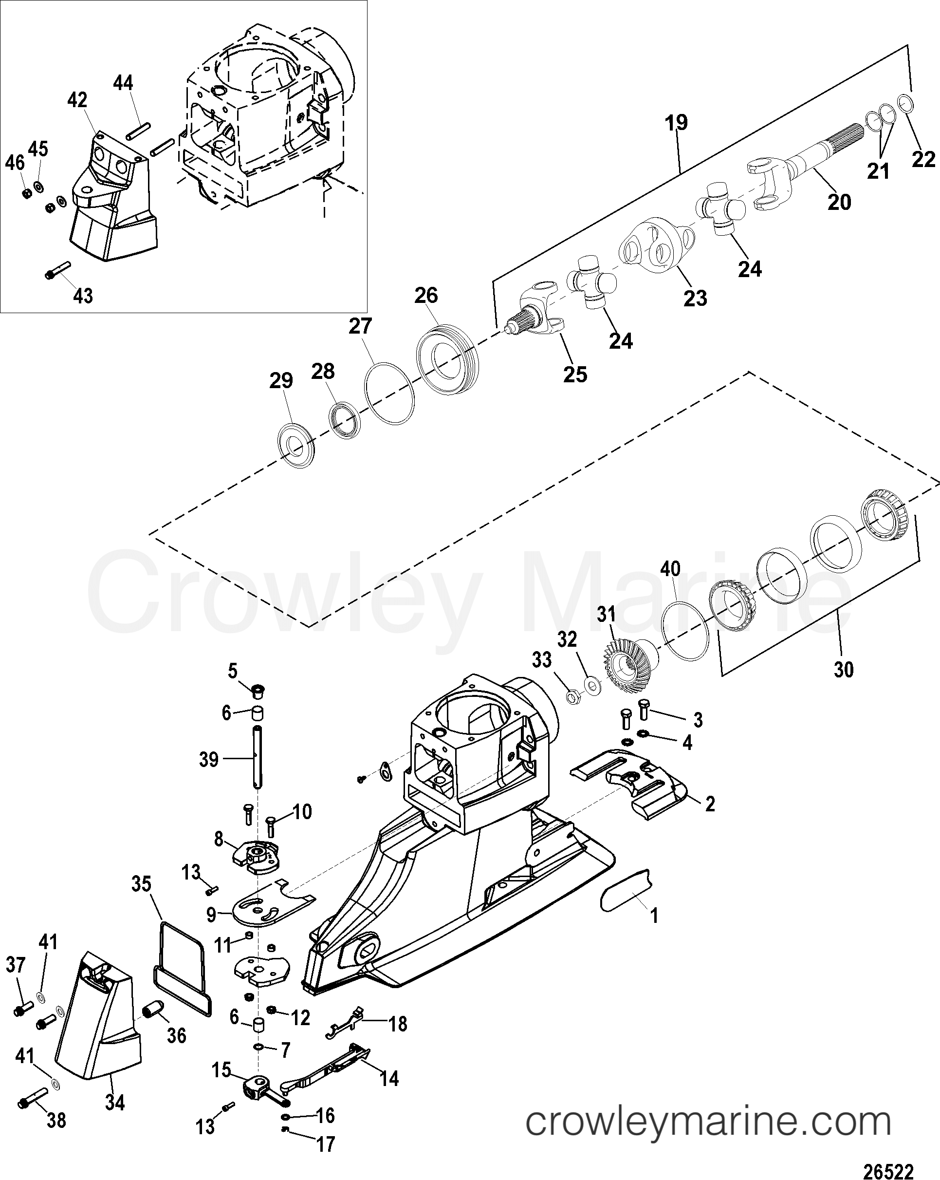 Serial Range Stern Drive HI PERFORMANCE TRANSOM - 0W150003 & Up - UNIVERSAL JOINT AND SHIFT COMPONENTS