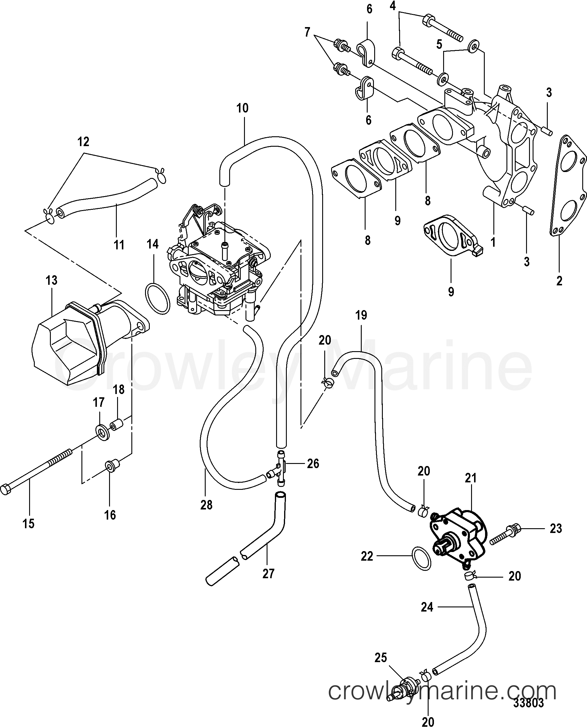 INTAKE MANIFOLD AND FUEL PUMP Serial Range Outboard 20 Carb(2CYL)(4STROKE) 0R235168 & Up