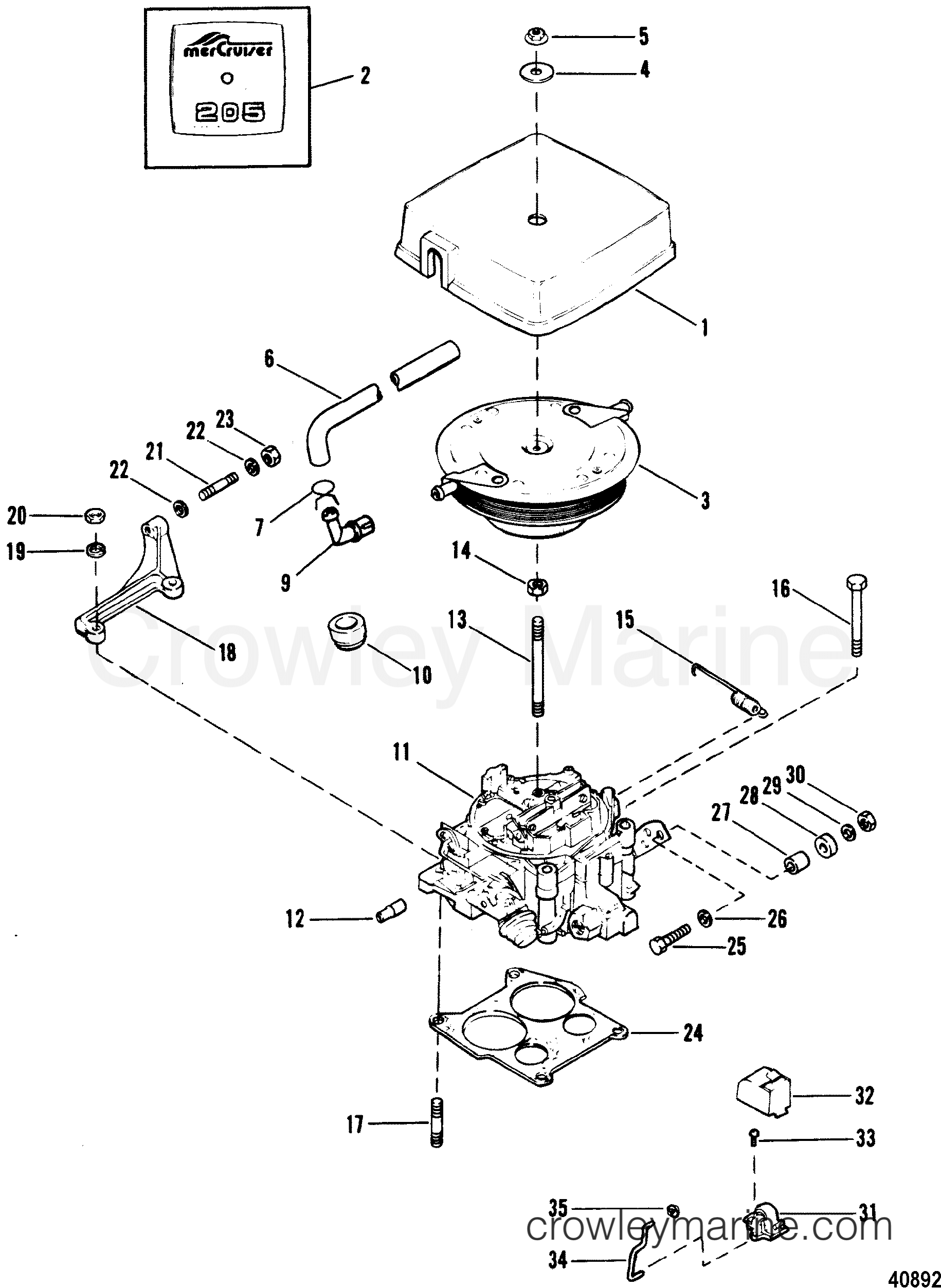 CARBURETOR & THROTTLE LINKAGE(205) 1985 Stern Drive 185 01854335