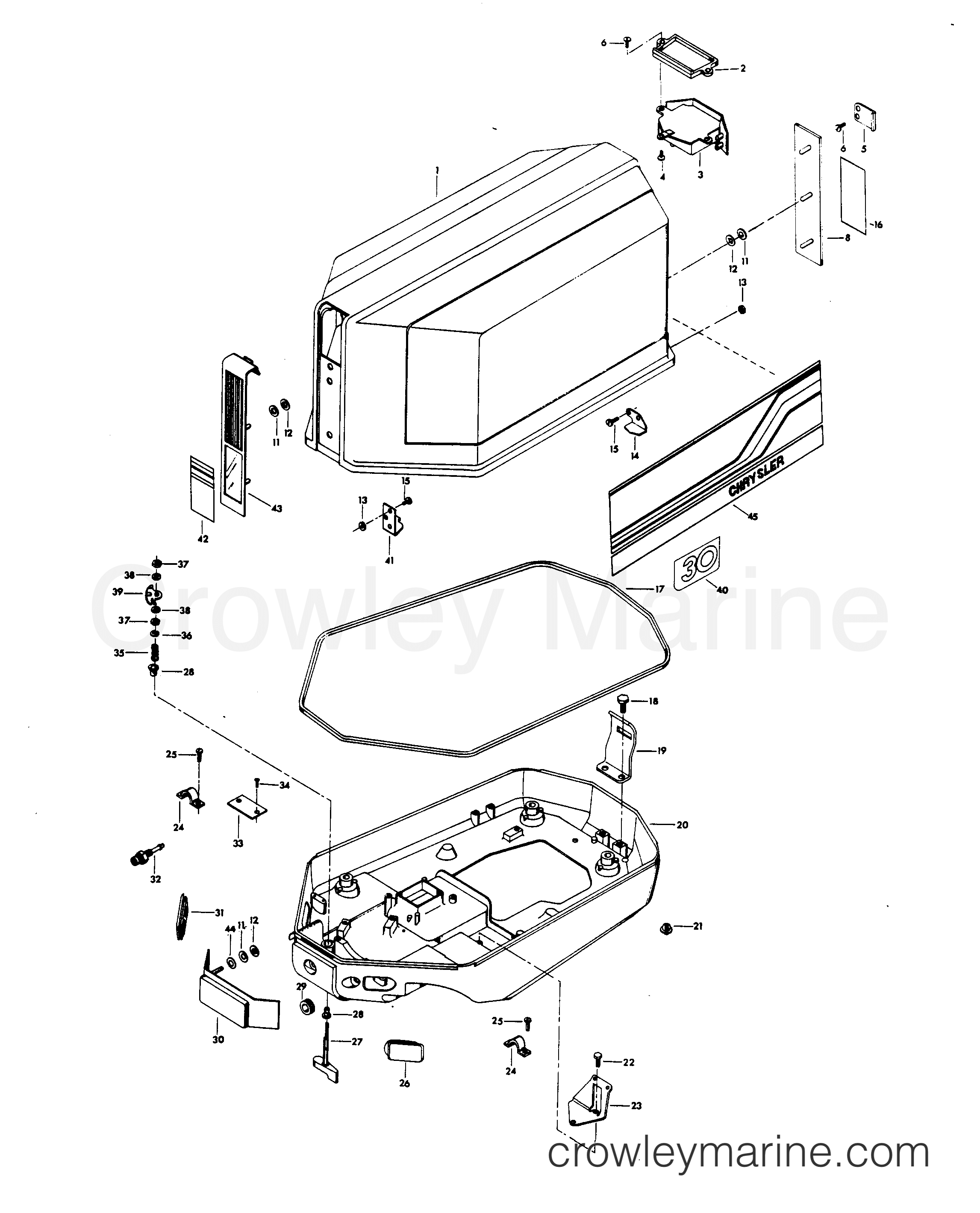 1980 Chrysler Outboard 30 - 307B0C ENGINE COVER AND SUPPORT PLATE (ALTERNATOR MODELS) section
