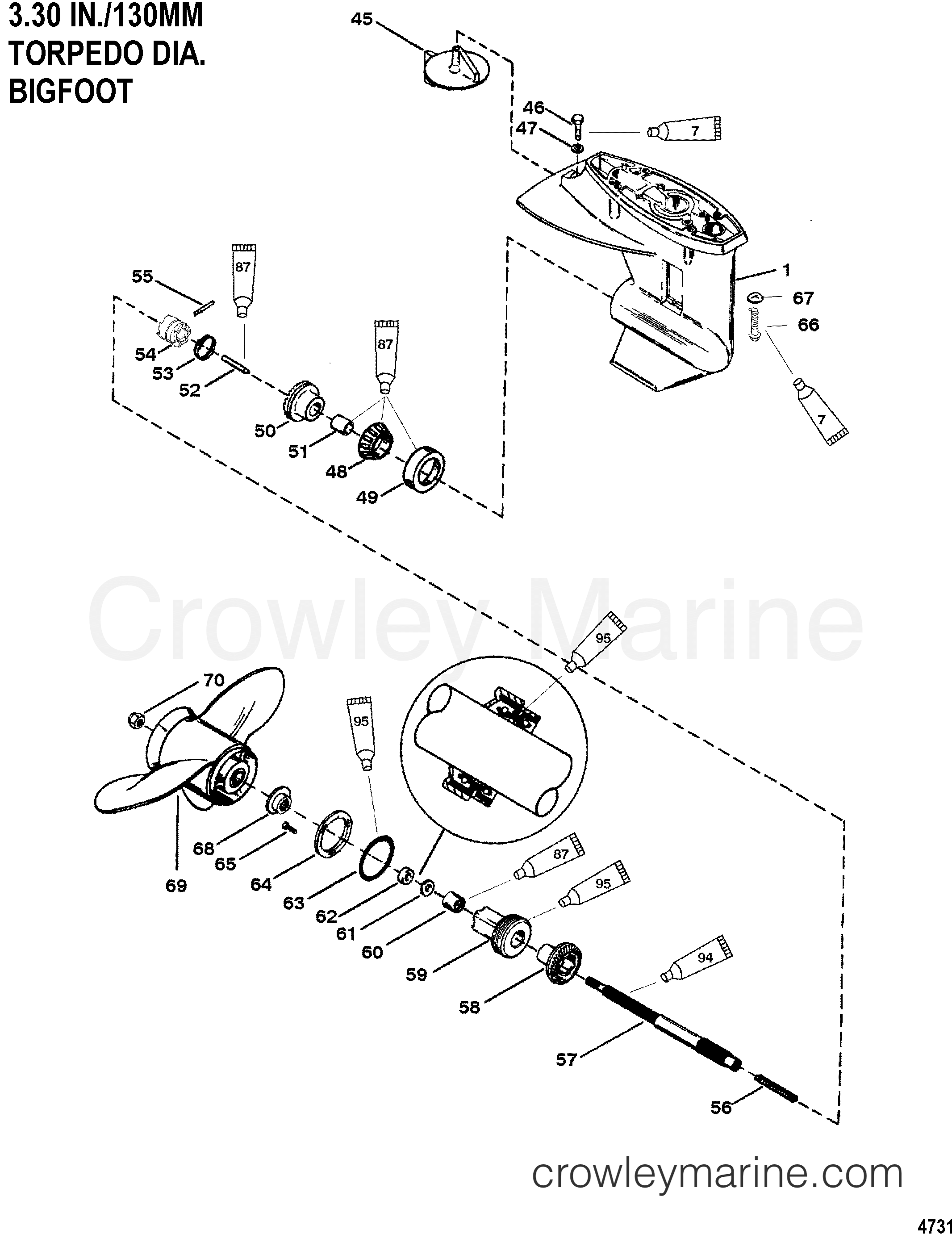 GEAR HOUSING, PROPELLER SHAFT 2.421 GEAR RATIO 1999 Outboard 9.9 [EL 4] 7F10312HD Crowley
