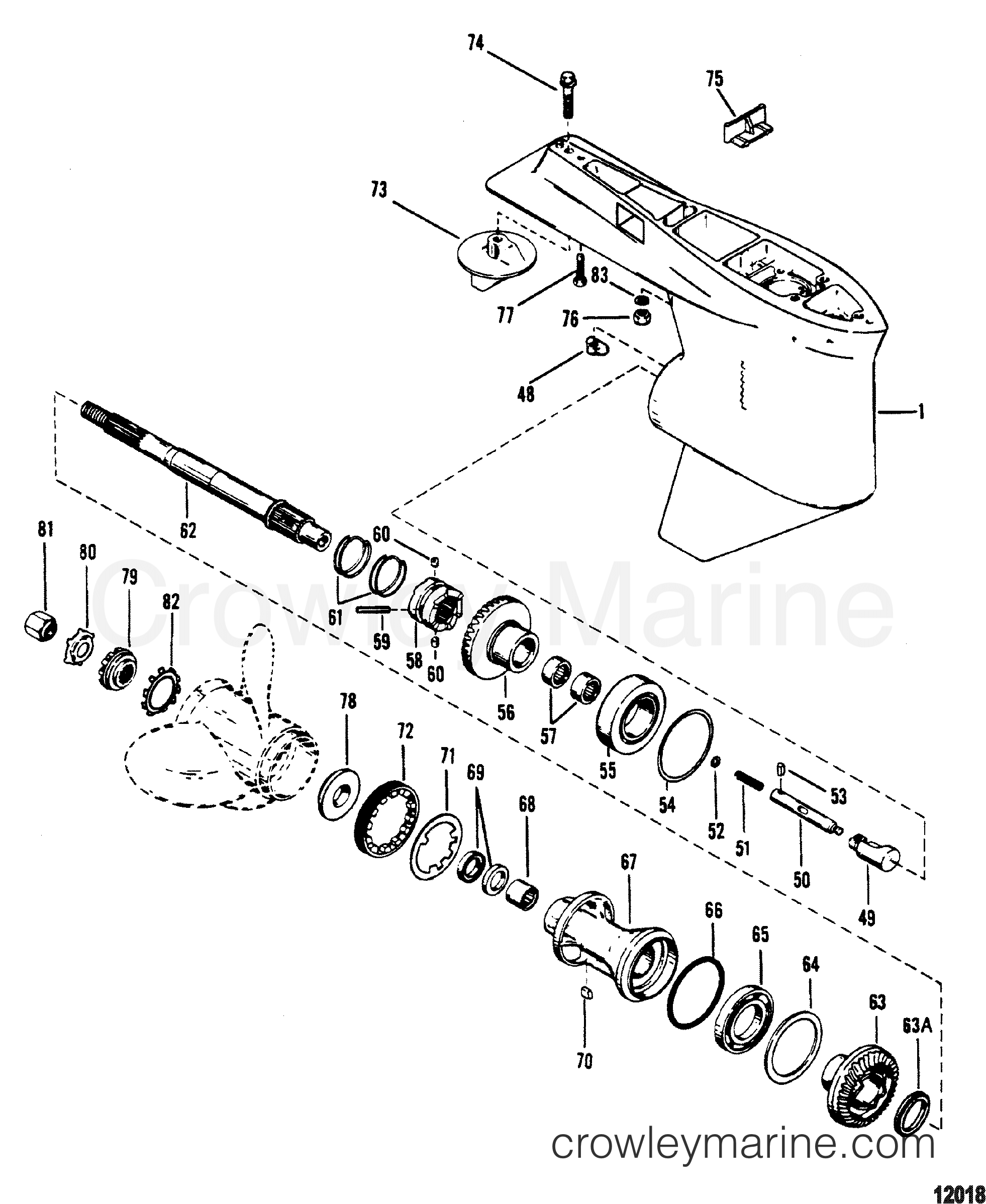 1982 Outboard 150 [EXLPT] - 7150642 - GEAR HOUSING, PROPELLER SHAFT - WITH A DRIVESHAFT NUT