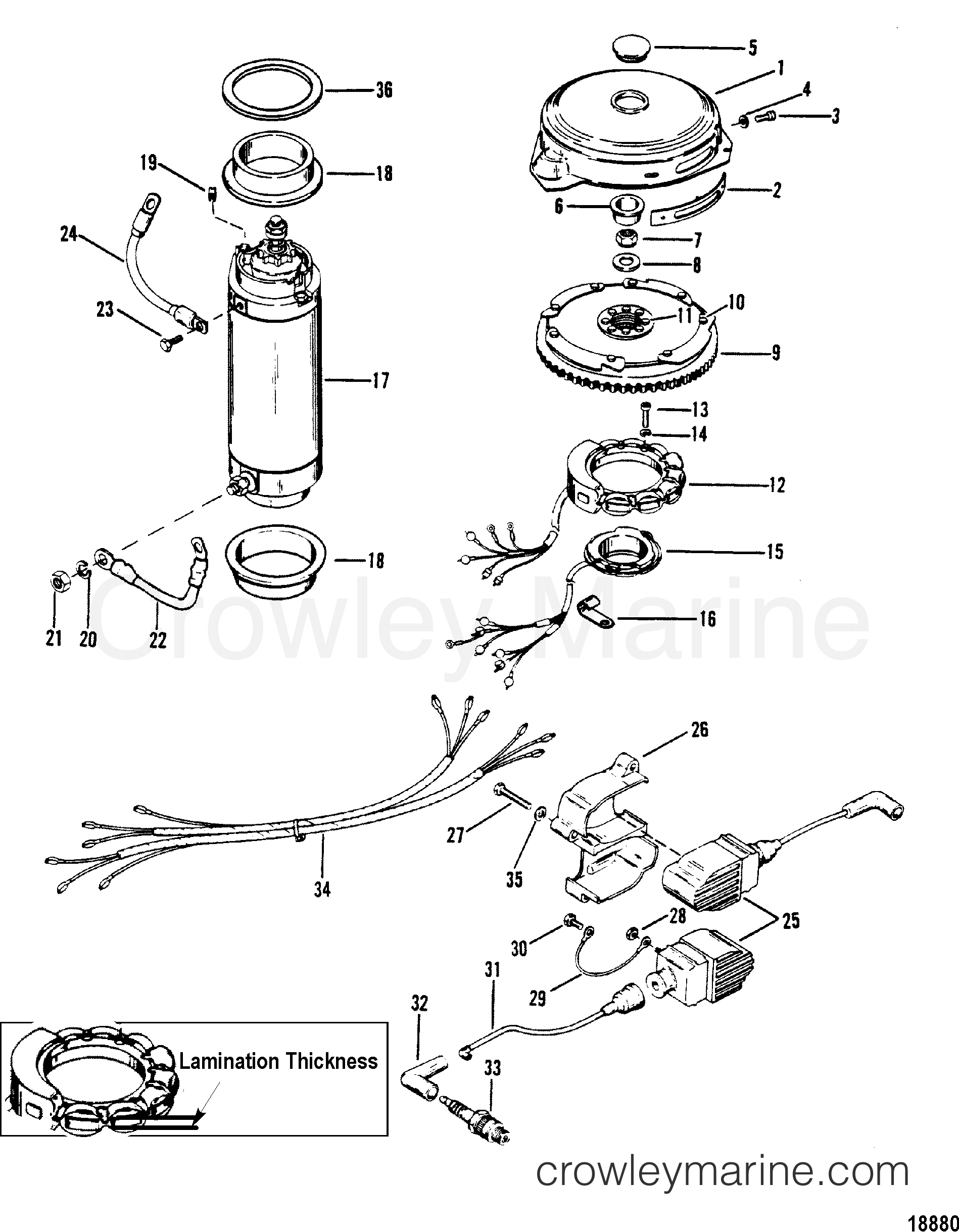 FLYWHEEL, STARTER MOTOR AND IGNITION COILS 1979 Outboard 150 [ELPT